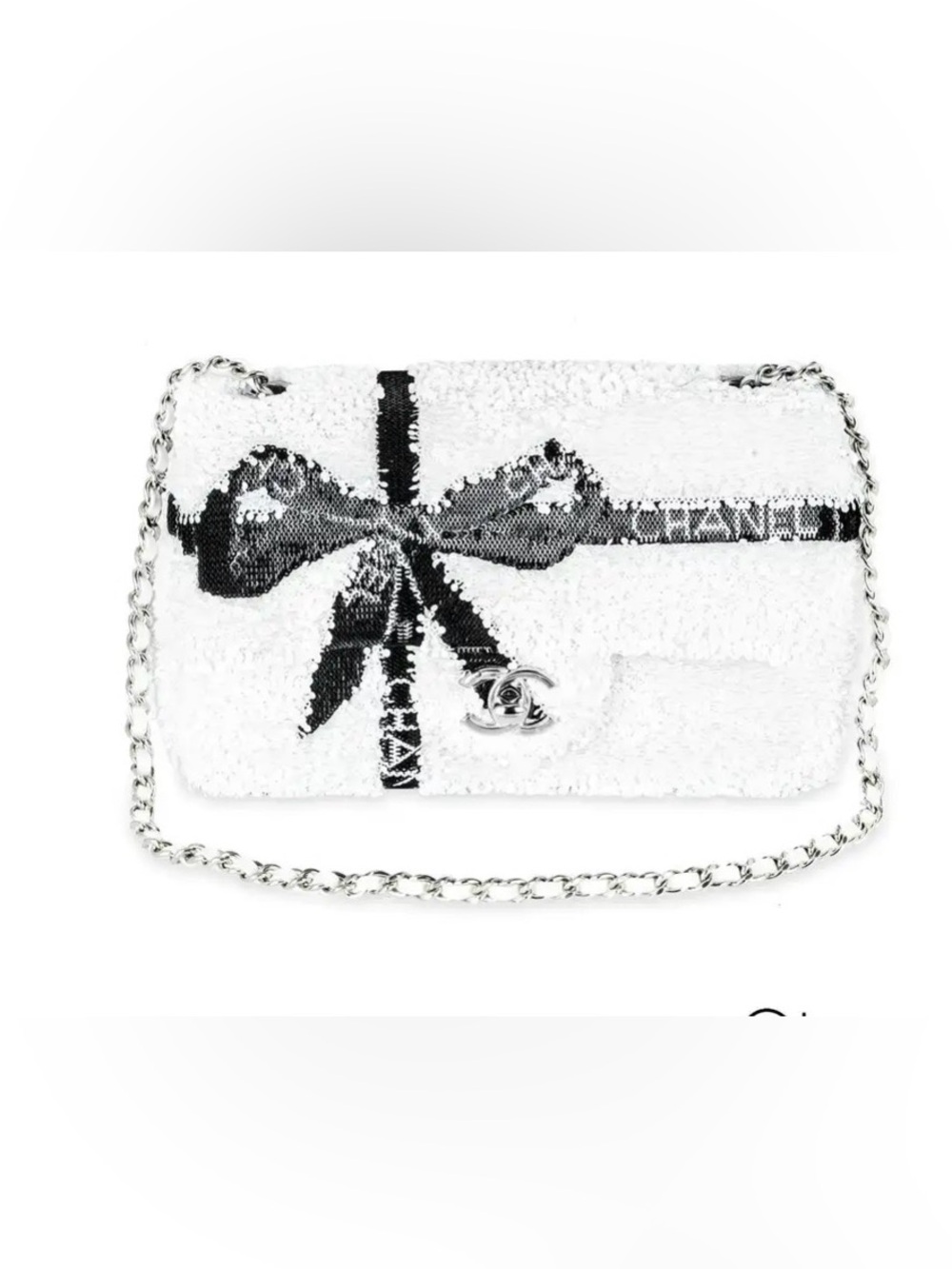 Chanel 24B Sequin Ribbon Bow Mini Rectangular Flap Bag White/Black